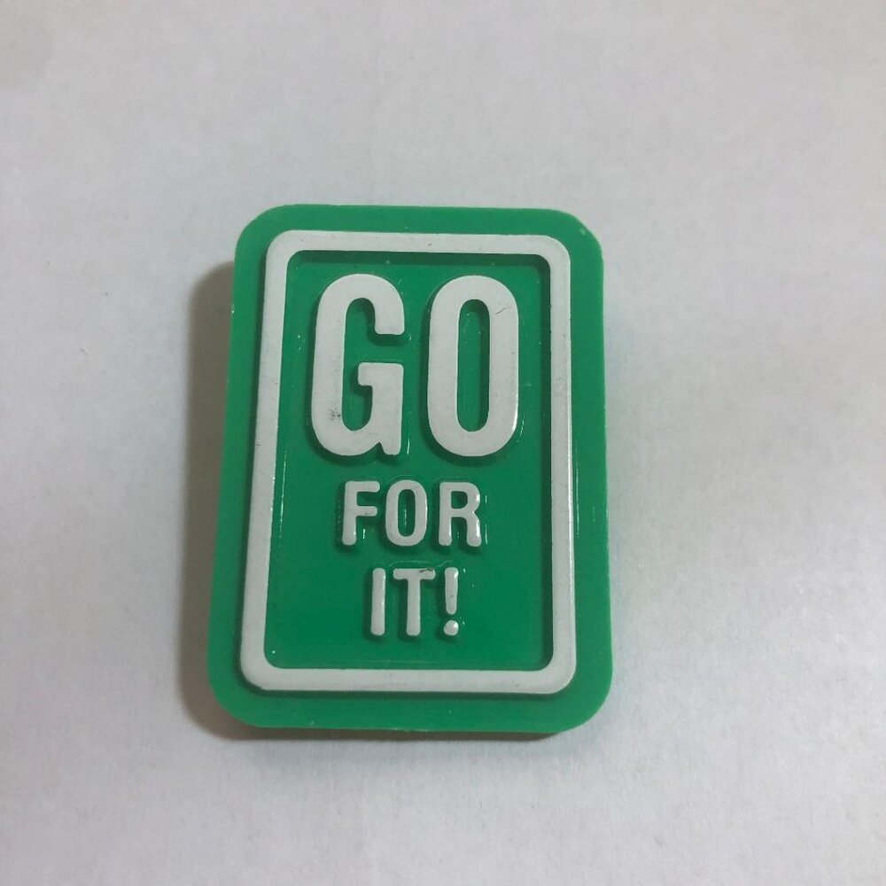 Vintage Hallmark Go For It! Inspirational Button Pin Lapel Pin Hat Pin Green 80s